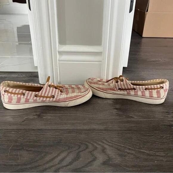 Sperry Boat Shoes Red and White Seer Sucker Stripe Leather Lace Up Preppy Size 7 - Picture 5 of 5